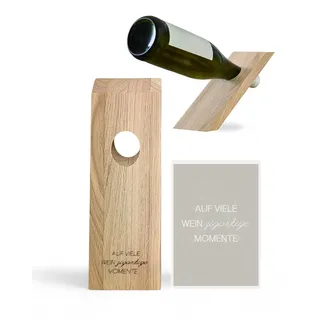 Livlig53 Weinflaschenhalter aus Holz, Magischer Flaschenhalter aus Eiche mit personalisiertem Weinetikett „Auf viele Weinzigartige Momente“, Schwereloser Weinhalter als Wein Geschenk