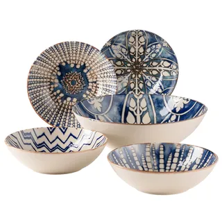 MÄSER 934018 Iberico Blue, 5-teiliges Bowl Set im maurischen Stil, 1 Salatschüssel groß und 4 Schalen für Salat, Müsli, Suppe oder Pasta, mit verschiedenen Vintage Mustern in Weiß und Blau, Steinzeug