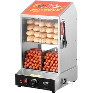 Vevor Hot Dog Dampfgarer, 37L, 2-stufiger Hot Dog Hütten-Dampfgarer, 30°C~85°C Temperaturregelung, elektrischer Brötchenwärmer mit Schiebetüren aus gehärtetem Glas, Trennplattenzange