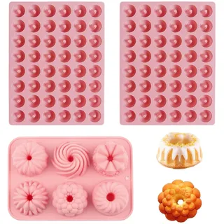 MENUY 3 Stück Mini Gugelhupfform Silikon, Silikonformen Backen mit Antihaftbeschichted, Wiederverwendbar Lebkuchenformen Silikon, Silikonbackform für Kekse, Bagels, Muffins (Rosa)