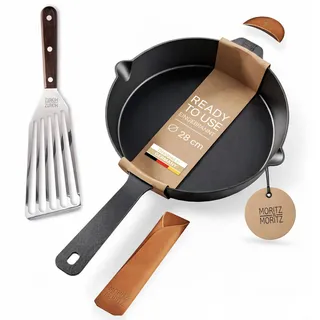 Moritz & Moritz Gusseisenpfanne Induktion 28 cm - Voreingebrannte Antihaft Pfanne Gusseisen Induktion für alle Herdarten, Ofen & Grill geeignet - Inkl. Pfannenwender - Cast Iron Pan Induction