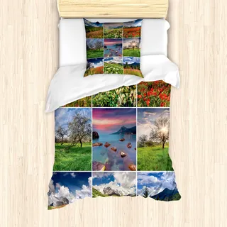 ABAKUHAUS Sommer Mantele, Sommer Landschaften Rural, Milbensicher Allergiker geeignet mit Kissenbezügen, 135 cm x 200 cm - 80 x 80 cm, Mehrfarbig