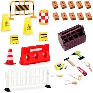Wichtel Zubehör Baustelle 28 Stück Wichtel Baustelle Set Mini Holz Werkzeugkiste, Straßensperre, Simulation Ziegel Straßenschilder Verkehrskegel für Kinder Wichteltür Baustelle Weihnachtsdekorationen