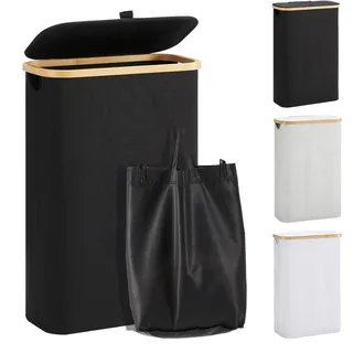 YOUDENOVA Wäschekorb mit Deckel 48L Wäschesammler schmal mit Wäschesack faltbarer Wäschesortierer Holz Bambus Wäschetruhe hoch Laundry Baskets, Schwarz