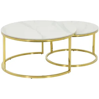 Hela Tische, 2er Set Couchtisch Rund, Sofatisch, Echtstein in Marmoroptik Glanz Weiß, Metallgestell Gold, Ø 80+Ø 60cm