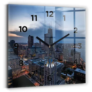 Wallfluent Wanduhr – Stilles Quarzuhrwerk - Uhr Dekoration Wohnzimmer Schlafzimmer Küche - Zifferblatt - schwarze Zeiger - 30x30 cm - Foto von Chicago - Blau