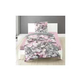 BIERBAUM Bunte Blumen Baumwolle Grau/Pink/Rosa 155 x 220 cm + 80 x 80 cm