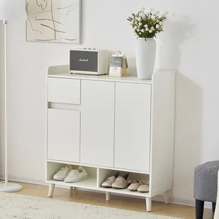 MODFU Kommode Sideboard Schuhschrank mit verstellbaren Einlegeböden – Minimalistischer Home Organizer mit Massivholzbeinen – Maße: H90 cm x B99 cm x T35 cm-Weiß - Weiß