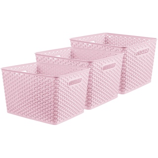 Curver My Style Aufbewahrungskörbe in Rattan-Optik, 3er-Set, für Küche, Wohnzimmer, Badezimmer, Schlafzimmer, große rechteckige Aufbewahrungskörbe, 18 l, Rosa