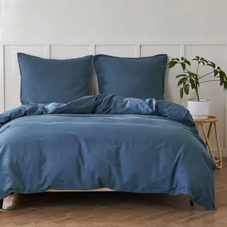Simple&Opulence Halbleinen Bettwäsche 155x220, Atmungsaktiver Bettbezug Set aus Baumwolle und Leinen mit 80x80 cm Kissenbezug,Oeko-TEX Sommerbettwäsche,Marineblau