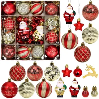 Weihnachtskugeln Rot Gold, 44pcs Christbaumkugeln Set 6cm, Weihnachtsbaumkugeln Rot Goldene Kunststoff mit Anhänger für Christbaumschmuck Weihnachtsdeko Gold Rote