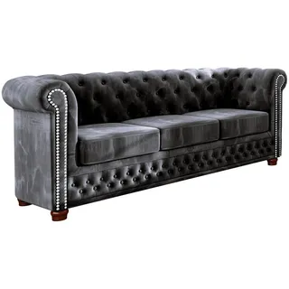 s-style möbel Chesterfield-Sofa Schwarz Samt mit Holzfüßen