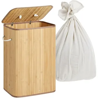 Relaxdays Wäschekorb mit Deckel, 2 Fächer, Bambus, 105 l, faltbar, HxBxT: 63 x 52 x 32 cm, Wäsche Sortiersystem, Natur