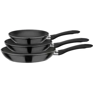 GSW Pfannenset , Schwarz , Metall , 3-teilig , ISO 9001 , hitzebeständige Griffe, rostfrei, antihaftbeschichtet, geschmacksneutral, ergonomischer Griff, energiesparend, Thermoboden, wärmeisolierter Griff , Kochgeschirr, Pfannen, Pfannensets