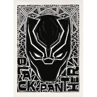 KOMAR Wandbild Marvel Black Panther Lino-Cut Helmet 50 cm x 70 cm Schwarz-Weiß