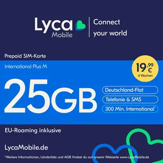 Lycamobile International Plus M Prepaid SIM Karte ohne Vertrag inkl. 25 GB Datenvolumen