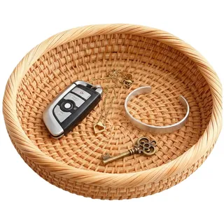 Geflochtener Rattan-Schlüsselkorb 19cm, rund, für Schlüssel Münzen Schmuck | Rattan, für Flur Badezimmer Nachttisch Aufbewahrung