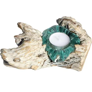 WOGEKA - Weißer Glas Teelichthalter auf Wurzel-Holz - White Line Collection - Maritime Mediterrane Deko als Geschenk zu Weihnachten Geburtstag Teelicht 1w