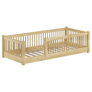 Kinderbett niedriges Bodenbett Kiefer natur 80x180 Kleinkinder Laufstall ähnlich V-60.65-08-180Rollrost inkl. - Naturbelassen