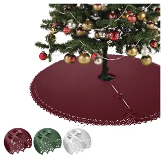 wometo Weihnachtsbaumdecke Ø 120 cm rot Oeko-TEX mit Satinbändern & Knöpfen | Christbaumdecke / Baumunterlage aus Fleece - Landhaus-Muster, gestanzter Rand