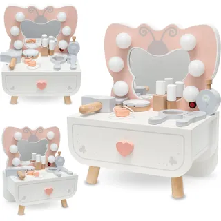 Mamabrum Mini Schminktisch Aus Holz Mit LED – Spiegel In Schmetterlingsform, Schublade Und Zubehör