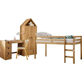 OTTO home "Alpi", beige gebeizt, gewachst), Schlafzimmermöbel-Sets, Jugendzimmer-Set, Hochbett, Schreibtisch und Kleiderschrank in Hausoptik, platzsparend,
