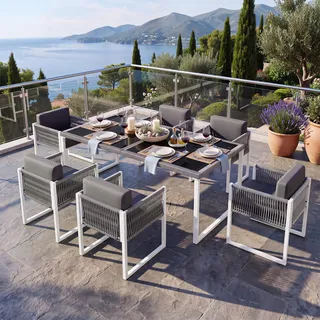 MODFU Garten Lounge Set(6-Personen),Balkonmöbel ,Sitzgruppe mit Sesseln, Balkonset , Essgruppe,Gartenmöbel Set, Outdoor Gartentisch,Grau - Grau
