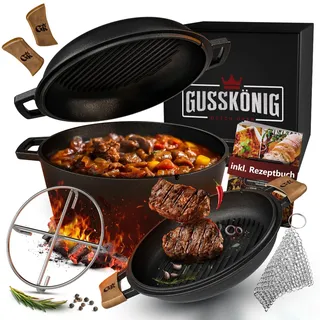 Dutch Oven Feuertopf Feuerkessel Schmortopf 5L Set Gusseisen 2in1 mit Zubehör