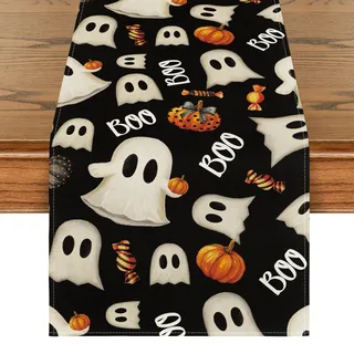 Artoid Mode Schwarz Boo Kürbisse Geist Halloween Tischläufer 40x180 cm | Saisonal Süßigkeiten Hause Wohnzimmer Tisch Dekoration Drinnen Urlaub Party Dekor