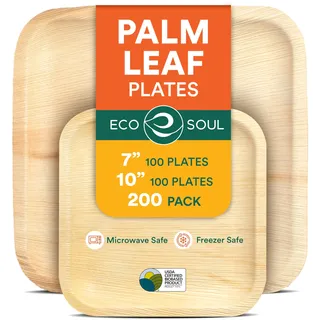 ECO SOUL Kompostierbare quadratische Palmblatt-Teller, 17,8 cm und 25,4 cm, wie Bambus-Teller, biologisch abbaubar, umweltfreundlich, mikrowellen- und ofenfest, Party-Set, 200 Stück