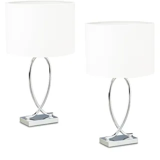 Relaxdays Tischlampe, 2er Set, Metallfuß & Stoffschirm, E27, HBT: 51x28x18 cm, Nachttischlampe Schlafzimmer, Silber/weiß