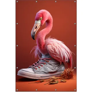 Wallario Outdoor-Poster für Garten oder Balkon, Motiv Flamingo im Sneaker, in ca. 120 x 180 cm - Rosa