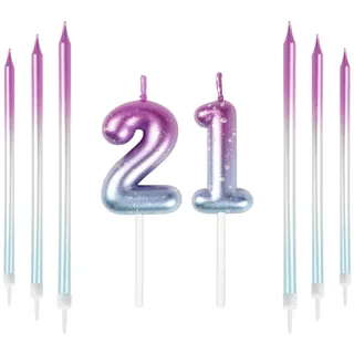 Mciskin 21st Birthday Number Kerzen Dekorationen Bunte 21 Kerze mit Rosa Lila Lange Kerzen Kuchen Kerzen Kuchen Topper Dekorationen für Jungen Mädchen Männer Frauen Geburtstagsfeier Hochzeit Jubiläum