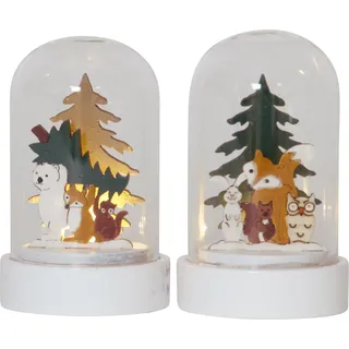 LED Weihnachtsdeko ,Forest Friends', 2er Set Glaskuppeln mit Tiermotiven aus Holz, Batterien + Timer, H 9cm