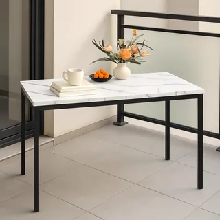 FurnitureR Gartentische aus weißem Marmorimitat, für 4 bis 6 Personen, Dicke Holzplatte mit Metallstruktur, für Terrasse, Terrasse, Esszimmer, Garten, 120 x 70 x 75 cm