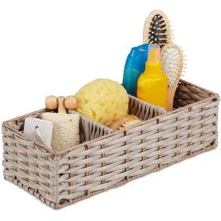 Relaxdays Aufbewahrungskorb geflochten, Bad Aufbewahrung, mit 3 Fächern, Kunststoff, HBT: 11 x 36,5 x 15,5 cm, braun