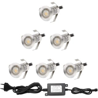 6er Set LED Bodenstrahler Mini Treppen Einbaustrahler Ø18mm 0.4W IP67 Wasserdicht 7LM Bodeneinbaustrahler Aussen und Innen Lampe mit 12V Netzteil für Garten Terrasse Treppen Beleuchtung Warmes Weiß