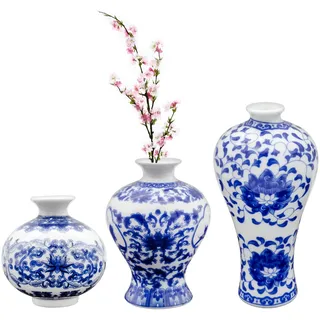 AuldHome Blaue und weiße Porzellanvasen, 3er-Set, Mini-Vasen für Bauernhaus, Cottagecore und Vintage-Dekor