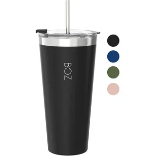 BOZ Isolierbecher mit Deckel und Strohhalm, 650 ml (Schwarz)