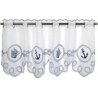 Tischdeckenshop24 Scheibengardine Schiffsfregatte für Küche und Badezimmer, weiße Gardine mit maritimen Motiv, Moderne und transparente Bistrogardine, 45x115 cm