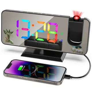 ThreeH Projektions Wecker mit 11 RGB Farben Wechselnden LED Spiegel Display Digitaluhr mit USB Ladeanschluss Snooze Funktion 6 Helligkeitsstufen einstellbar Schwarz