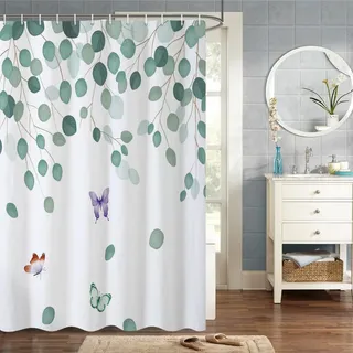 MIRRORANG 105x160cm Grün Laub Duschvorhang Feder Aquarell Anlage Blumen Runde Eukalyptus Grünes Blatt und Schmetterlinge Duschvorhang für Badezimmer Wasserdichtes Polyestergewebe Set mit Haken