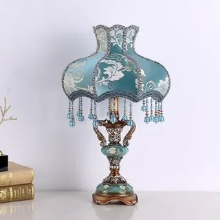 kaixunl Antike viktorianische Lampe mit Fransen und Spitze, blau, Vintage-Tischlampe aus Stoff mit Schirm, europäische pastorale Nachttischlampe in Vasenform für Schlafzimmer und Wohnzimmer