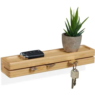 Relaxdays Schlüsselbrett, Schlüsselhalter mit Ablage, Bambus, Breite: 29,5 cm, Schlüsselaufbewahrung Wandmontage, Natur