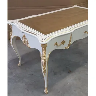 Casa Padrino Luxus Barock Schreibtisch Weiß / Gold - Prunkvoller handgefertigter Massivholz Bürotisch mit Glasplatte - Barock Büromöbel - Luxus Qualität -  Italy - Weiß, Gold