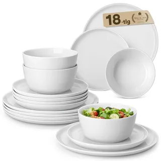 MALACASA Geschirrset 18-teilig, Porzellan Schüssel und Teller Set, Tafelservice 6 Personen, Weiße Speiseteller & Schalen, Rundes Essgeschirr Set, Spülmaschinen- & Mikrowellengeeignet, Serie LEXI