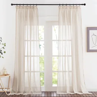 PONY DANCE Leinen Vorhänge Beige Halbtransparent Gardinen mit Kräuselband | 2er Set, H260 x B140cm, Leinenoptik, Luftig, Lichtdurchlässig, Sichtschutz, Boho, für Schiene, für Schlafzimmer Wohnzimmer