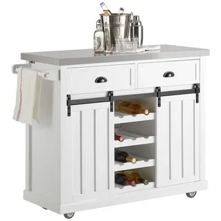 SoBuy Küchenwagen mit Flaschenablage Küchenschrank mit 2 Schiebetüren und 2 Schubladen Kücheninsel mit Edelstahlplatte Sideboard Weiß bht ca.: 116x95x46cm FKW94-W