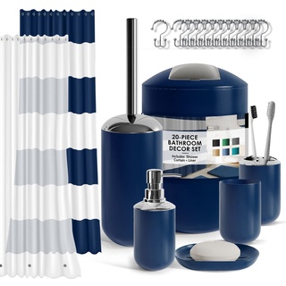 Badezimmer-Zubehör-Set mit Duschvorhang-Set, Seifenspender, Seifenschale, Zahnbürstenhalter mit Tasse, Duschvorhang-Set mit Liner und Haken, WC-Bürste und Halter, Abfalleimer, Marineblau