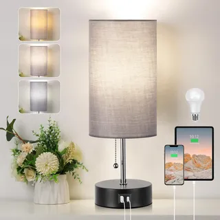 ROTTOGOON 3 Farben Temperatur Nachttischlampe mit USB A und C Anschluss Tischlampe für Schlafzimmer mit LED Glühbirne Kleine Lampen für Wohnzimmer (Grau)
